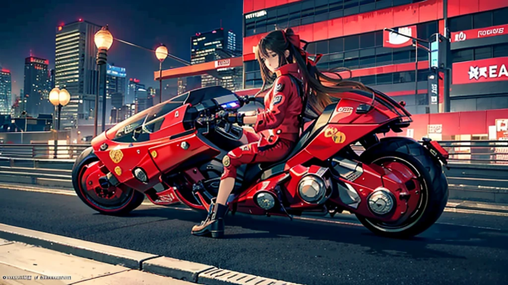 official art, unity 8k wallpaper, ultra detailed, beautiful and aesthetic, masterpiece, best quality, realistic, blush, long hair, brunette hair, streaked hair, perfect eyes, hair bow, mole under eye,  red akirabike, riding bike, night, cyberpunk city view, epic screen, ,