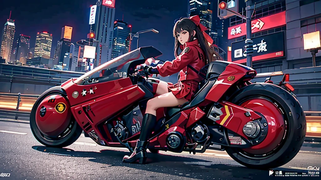 official art, unity 8k wallpaper, ultra detailed, beautiful and aesthetic, masterpiece, best quality, realistic, blush, long hair, brunette hair, streaked hair, perfect eyes, hair bow, mole under eye, red akirabike, riding bike, night, cyberpunk city view, epic screen, ,