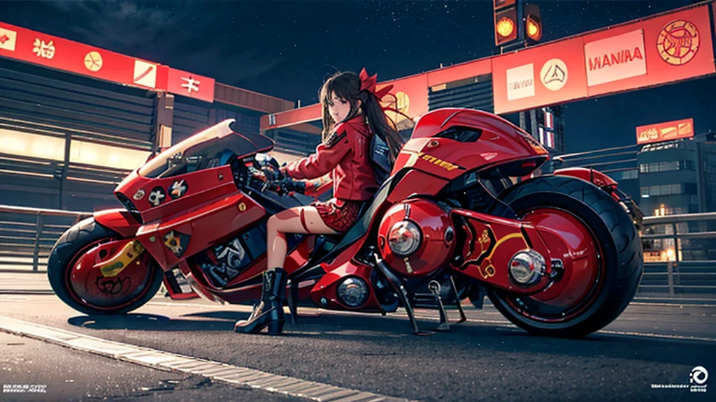 official art, unity 8k wallpaper, ultra detailed, beautiful and aesthetic, masterpiece, best quality, realistic, blush, long hair, brunette hair, streaked hair, perfect eyes, hair bow, mole under eye, red akirabike, riding bike, night, cyberpunk city view, epic screen, ,