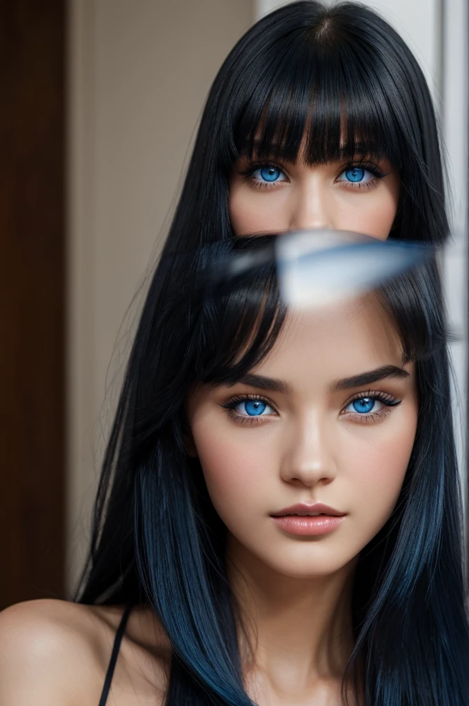 young woman, female features, sharp blue eyes, pompous lips, made up, long black hair with bangs with blue undertones,