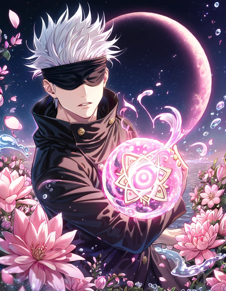 absurdres, highres, ultra detailed, HDR, master piece, best quality, extremely detailed face, delicated features, Gojo Satoru, white hair, black blindfold over the eyes, Jujutsu Kaisen, solo, sexy man, handsome, black coat, magic, pink flowers, pink petals, water, magical, fantasy, pink moon, starry sky