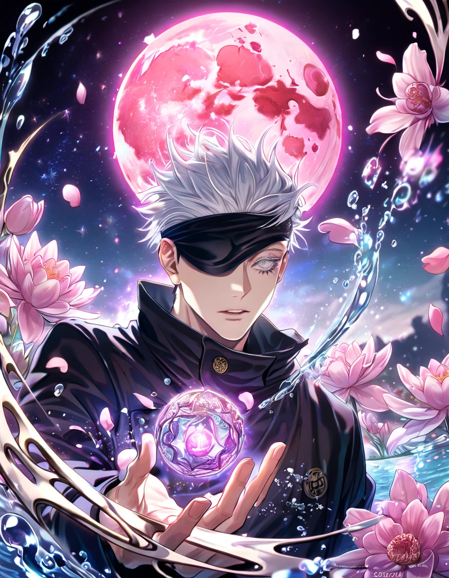 absurdres, highres, ultra detailed, HDR, master piece, best quality, extremely detailed face, delicated features, Gojo Satoru, white hair, black blindfold over the eyes, Jujutsu Kaisen, solo, sexy man, handsome, black coat, magic, pink flowers, pink petals, water, magical, fantasy, pink moon, starry sky
