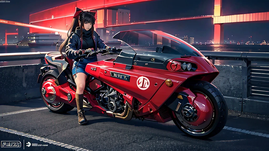 official art, unity 8k wallpaper, ultra detailed, beautiful and aesthetic, masterpiece, best quality, realistic, blush, long hair, brunette hair, streaked hair, perfect eyes, hair bow, mole under eye,  red akirabike, riding bike, night, cyberpunk city view, epic screen, ,