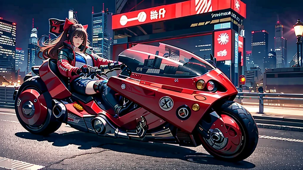 official art, unity 8k wallpaper, ultra detailed, beautiful and aesthetic, masterpiece, best quality, realistic, blush, long hair, brunette hair, streaked hair, perfect eyes, hair bow, mole under eye, red akirabike, riding bike, night, cyberpunk city view, epic screen, ,