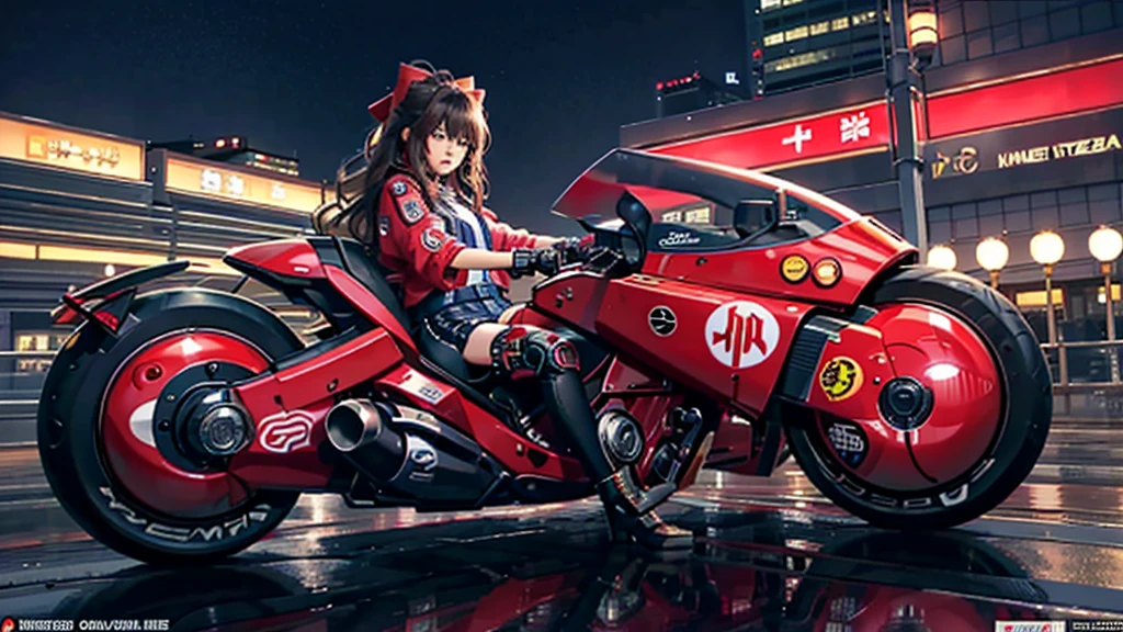 official art, unity 8k wallpaper, ultra detailed, beautiful and aesthetic, masterpiece, best quality, realistic, blush, long hair, brunette hair, streaked hair, perfect eyes, hair bow, mole under eye,  red akirabike, riding bike, night, cyberpunk city view, epic screen, ,