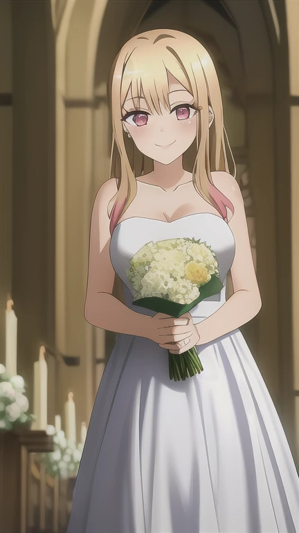 marin, 1girl, solo, blonde_hair, red_eyes, closed_mouth, multicolored_hair, pink_eyes, standing, church, wedding_dress, white_dress, holding_flowers, smile