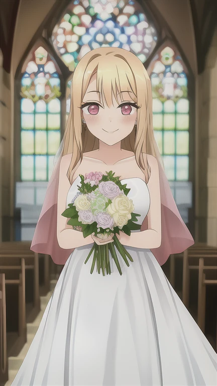 marin, 1girl, solo, blonde_hair, red_eyes, closed_mouth, multicolored_hair, pink_eyes, standing, church, wedding_dress, white_dress, holding_flowers, smile