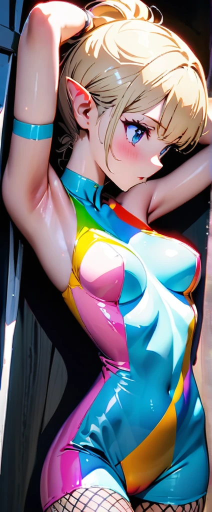 (最high quality:1.2, Anime works, Anime Style, Studio Anime, Very detailed, up to date, Vibrant, Anime Coloring, High Contrast, masterpiece:1.2, 最high quality, Best aesthetics), 1 female, alone, Fairy, The body is slim, ((Fairy)), blonde, (Small face), ((Her breasts are big)), ((Pastel Dress, Transparent body, Transparent Dress, Light effects)), (((Captivating body, Lewd Curves))), 飛んでいる小さなFairy, , in the forest, 森に住むFairy, Forest and spring background, ((blonde, Shortcuts)), ((Laughing with your mouth open:1.2)), Big Breasts, (Pointed Ears, Fairy), Normal hip joint, Cowboy Shot, Put your arms behind your head, (Color coding, Sexy Fishnet Stockings, Shiny costumes), Beautiful Skin, Beautiful Skin, Perfect Fingers, Five Fingers, Anatomically correct, Background Blur, high quality, Surreal, Bright colors,