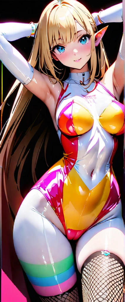 (最high quality:1.2, Anime works, Anime Style, Studio Anime, Very detailed, up to date, Vibrant, Anime Coloring, High Contrast, masterpiece:1.2, 最high quality, Best aesthetics), 1 female, alone, Fairy, The body is slim, ((Fairy)), blonde, (Small face), ((Her breasts are big)), ((Pastel Dress, Transparent body, Transparent Dress, Light effects)), (((Captivating body, Lewd Curves))), 飛んでいる小さなFairy, , in the forest, 森に住むFairy, Forest and spring background, ((blonde, Shortcuts)), ((Laughing with your mouth open:1.2)), Big Breasts, (Pointed Ears, Fairy), Normal hip joint, Cowboy Shot, Put your arms behind your head, (Color coding, Sexy Fishnet Stockings, Shiny costumes), Beautiful Skin, Beautiful Skin, Perfect Fingers, Five Fingers, Anatomically correct, Background Blur, high quality, Surreal, Bright colors,