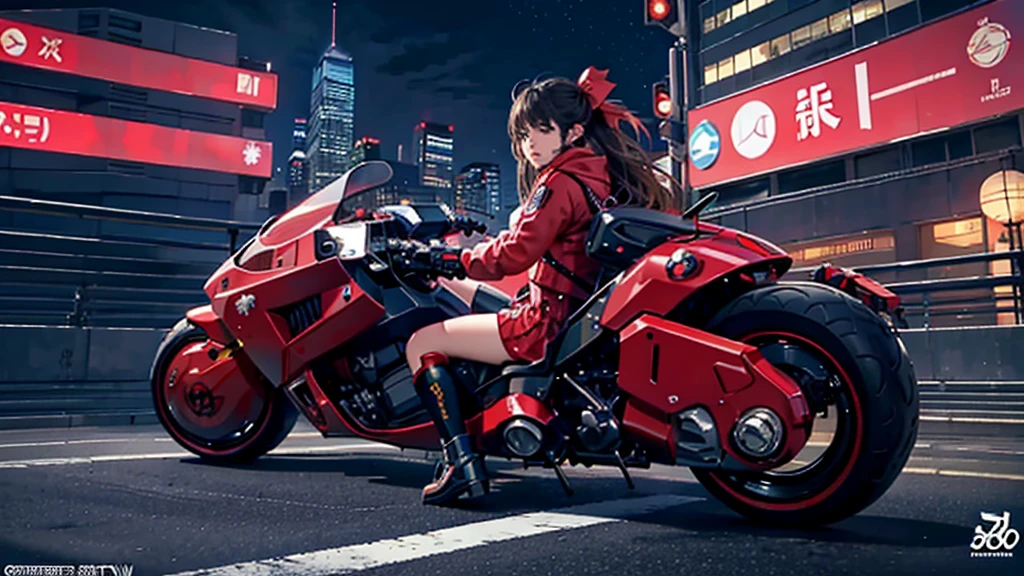 official art, unity 8k wallpaper, ultra detailed, beautiful and aesthetic, masterpiece, best quality, realistic, blush, long hair, brunette hair, streaked hair, perfect eyes, hair bow, mole under eye,  red akirabike, riding bike, night, cyberpunk city view, epic screen, ,