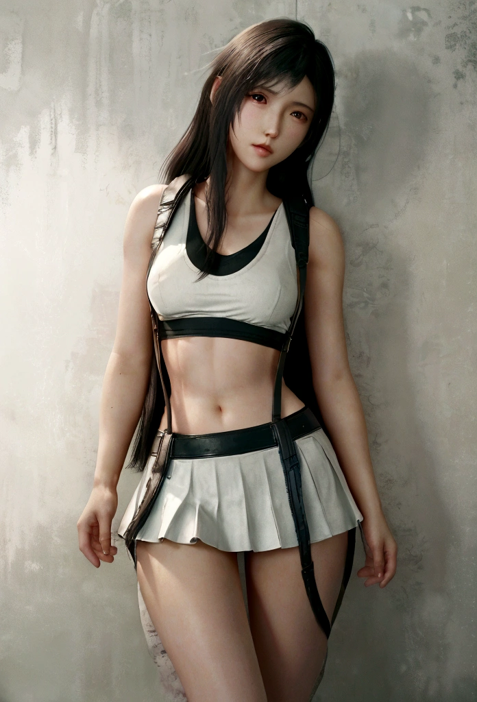 (Realistic: 1.4), 最high quality, Very delicate and beautiful, High resolution,masterpiece, 最high quality, 超High resolution, (Realistic:1.4), Detailed beautiful face, , 1 black man, 1 girl, Tifa_Lockhart, Final Fantasy VII Remake, Stunning European Women,Cowboy Shot, suspenders, Low rise, Black mini skirt, Black border white tank top, Tense shirt, Black Hair, Long Hair, Sexy Body,Beautiful breasts, Very beautiful and shining eyes,Beautiful feet, So cute, Close-upポトレイト, A lovely girl with a perfect face and soft skin., Perfect Face, ((small breasts))),Tight waist,Chainetter、thigh、In the dungeon,Complete diagram, Shapely hips, 8k resolution,surreal,Ultra-detailed,high quality, (small teardrop chest,  small breasts cleavage)， tit， Close-up, A broad perspective