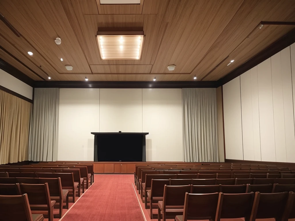 A typical funeral hall in Japan, White wall, curtain,The screen in the center, Symmetrical, Hinomaru composition, Flowers, The room has a table and flowers