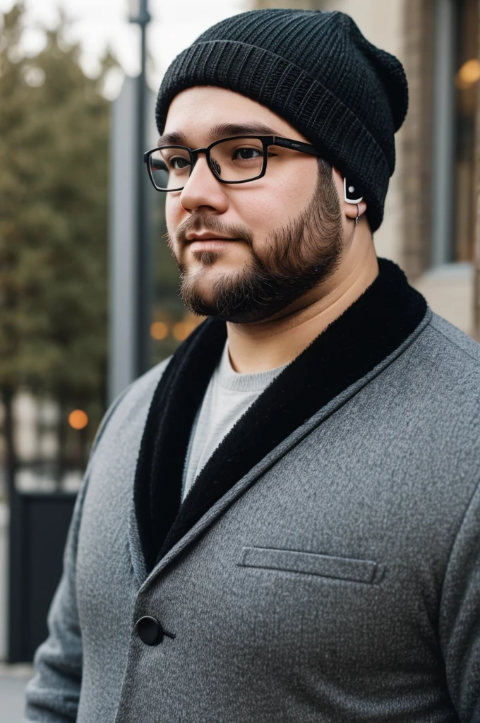 Not so fat person with glasses and very little beard with a wool cap very few pimples black wool cap and headphones headphones