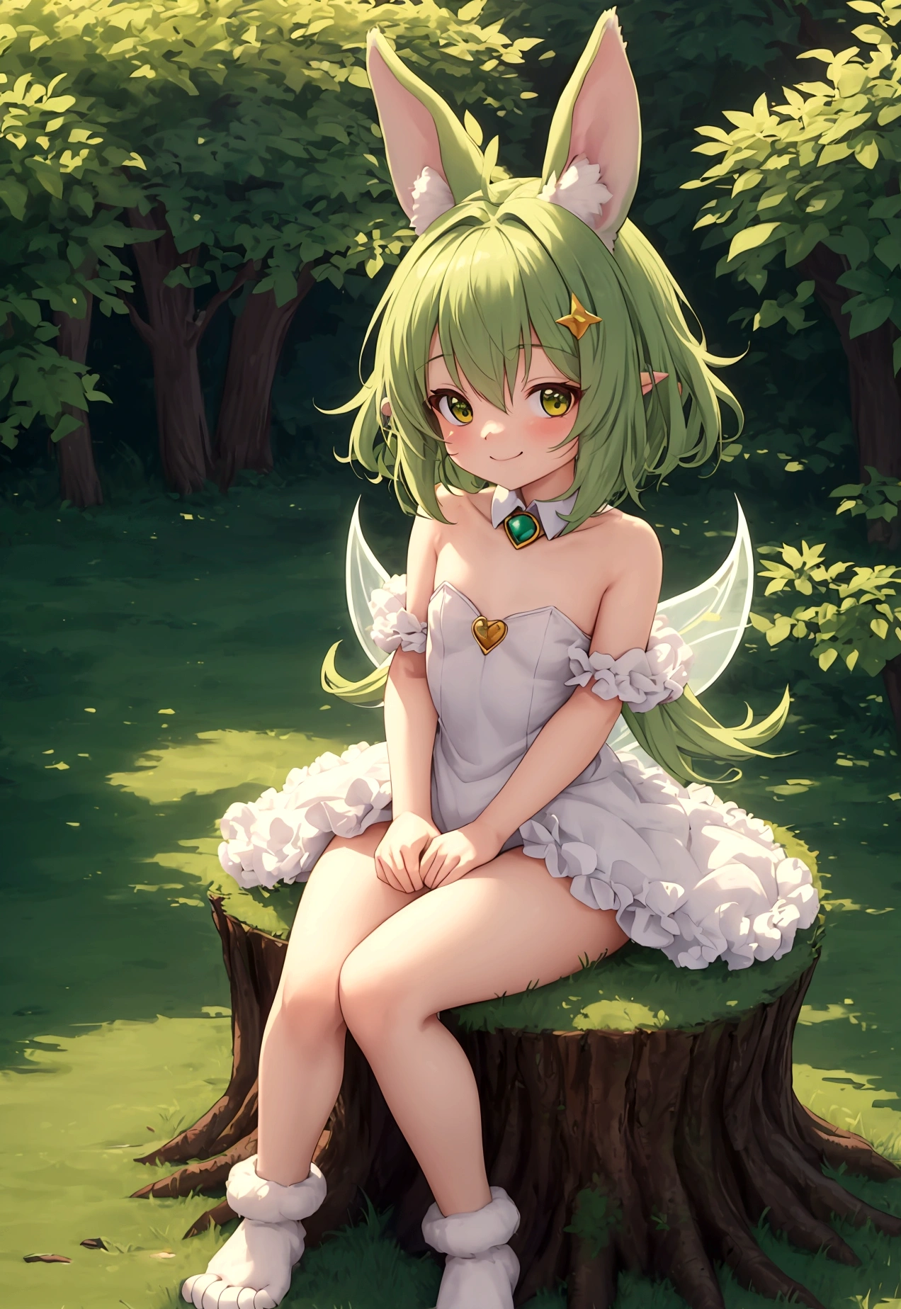 Highest quality, masterpiece, Ultra-high resolution, Fluffy fur overall, Bunny-like ears, tail, limbs are short , Detailed hands, Detailed feet, smile, Detailed fingers, Small children, Fairy, Anime Style, The hair tips are light green, Small enough to sit on an adult&#39;s shoulders, Sunlight filtering through the trees, Fantasy, in the forest, on the stump, Are standing, looking at the camera