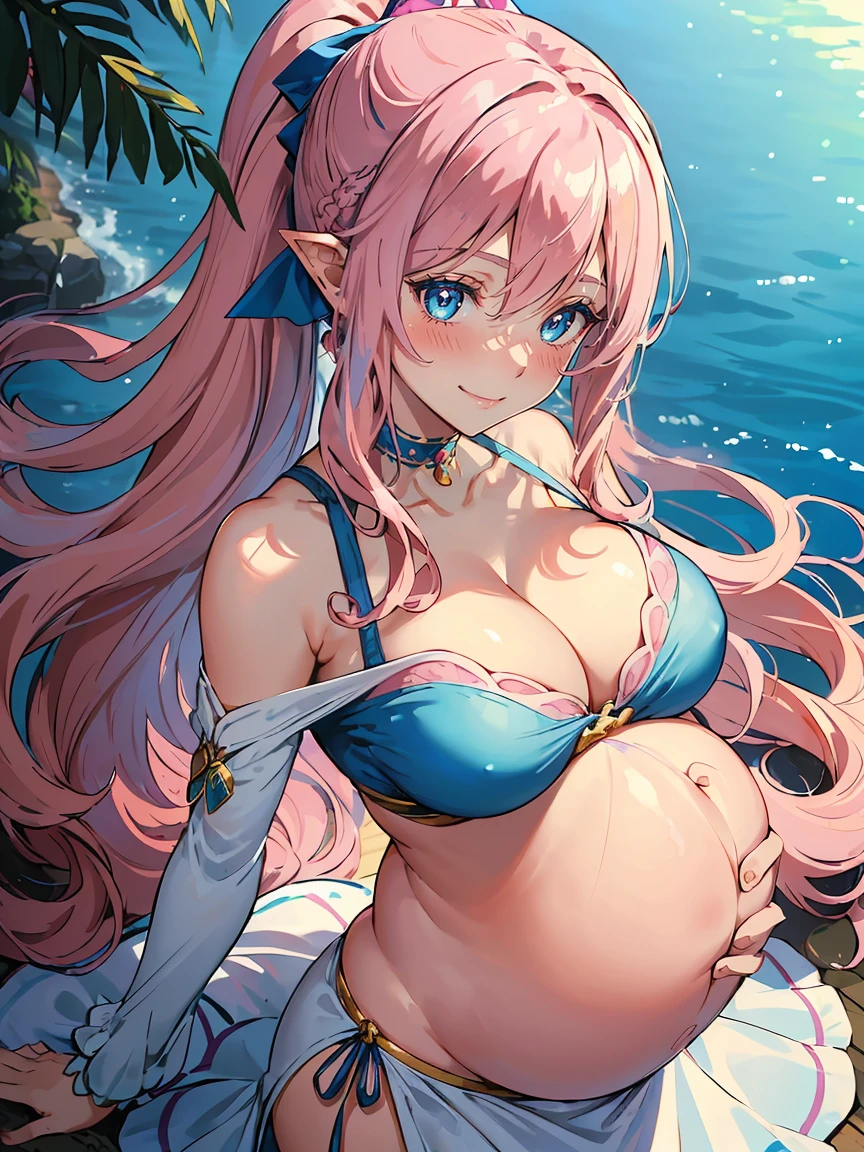 handsome WOMAN,blue-eyes,blue pupils,Long pink hair,Hyperresolution,accuracy,Detailed rendering,(Subtle facial image)(Image of fine hair)(topquality)(Masterpieces of masters)(High degree of completeness)(A sense of atmosphere)tmasterpiece,Super detailed and super detailed(half-body portrait), long wavy pink hair, (((tHICK WAVY HAIR)))(((ANKLE LENGTH HAIR)))(((Blushing)))(((Huge )))(((LARGER BREASTSge breasts, biggets (((Bigger bre (((Blushing))) ((chan))) (((Pink hair))) (((festival casual dress)))(((Focused))) (((Hair in a long ponytail))) (((Ponytail))) (((elf ears))) (((Smiling)))(((pREGNANT)))