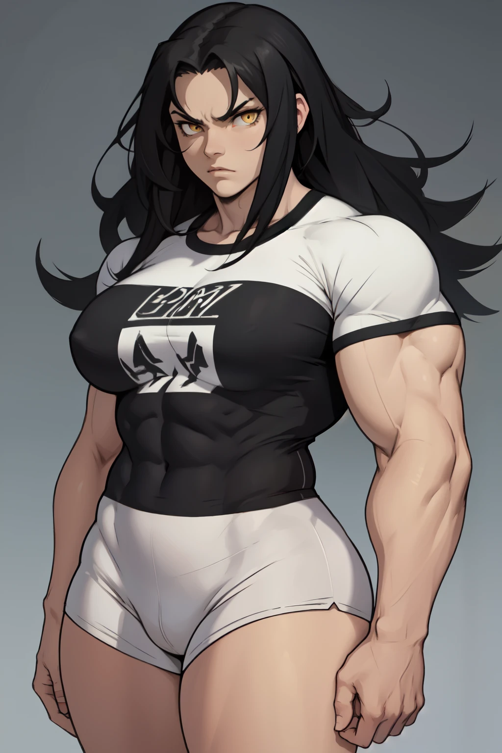 ((1girl)) pale skin large breasts (muscular) toned body thick thighs black hair yellow eyes (long hair grey background) bodybuilder angry tight shirt