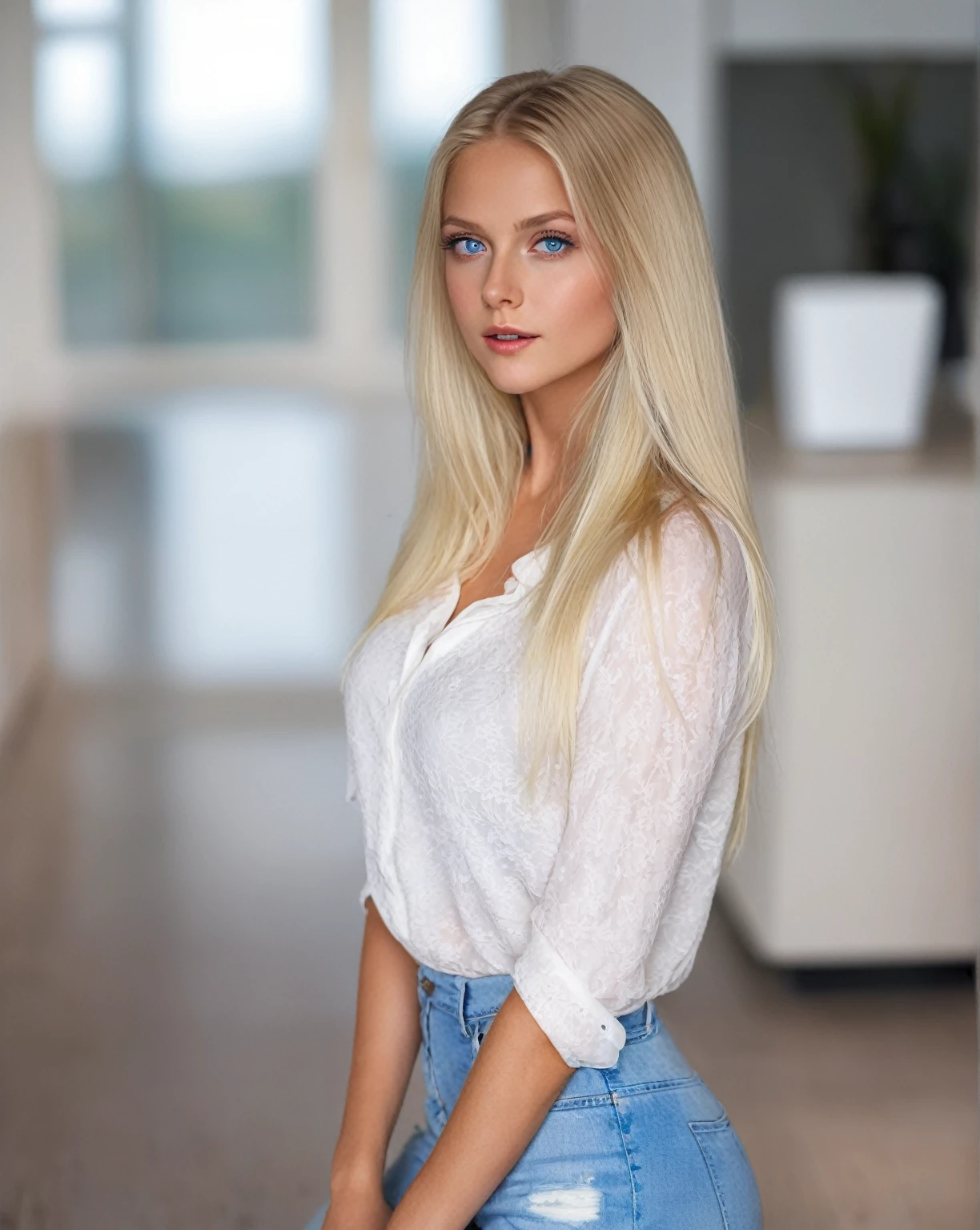 blonde woman with blue eyes and a white blouse posing for a photo., beautiful blonde girl, with long blonde hair, swedish blonde woman, cute young woman, a beautiful blonde, pose casual, Photo of a model, a complete portrait of the nordic woman, 2 4 year old female model, young blonde, Mia Kischner, long blonde hair and big eyes, blonde girl