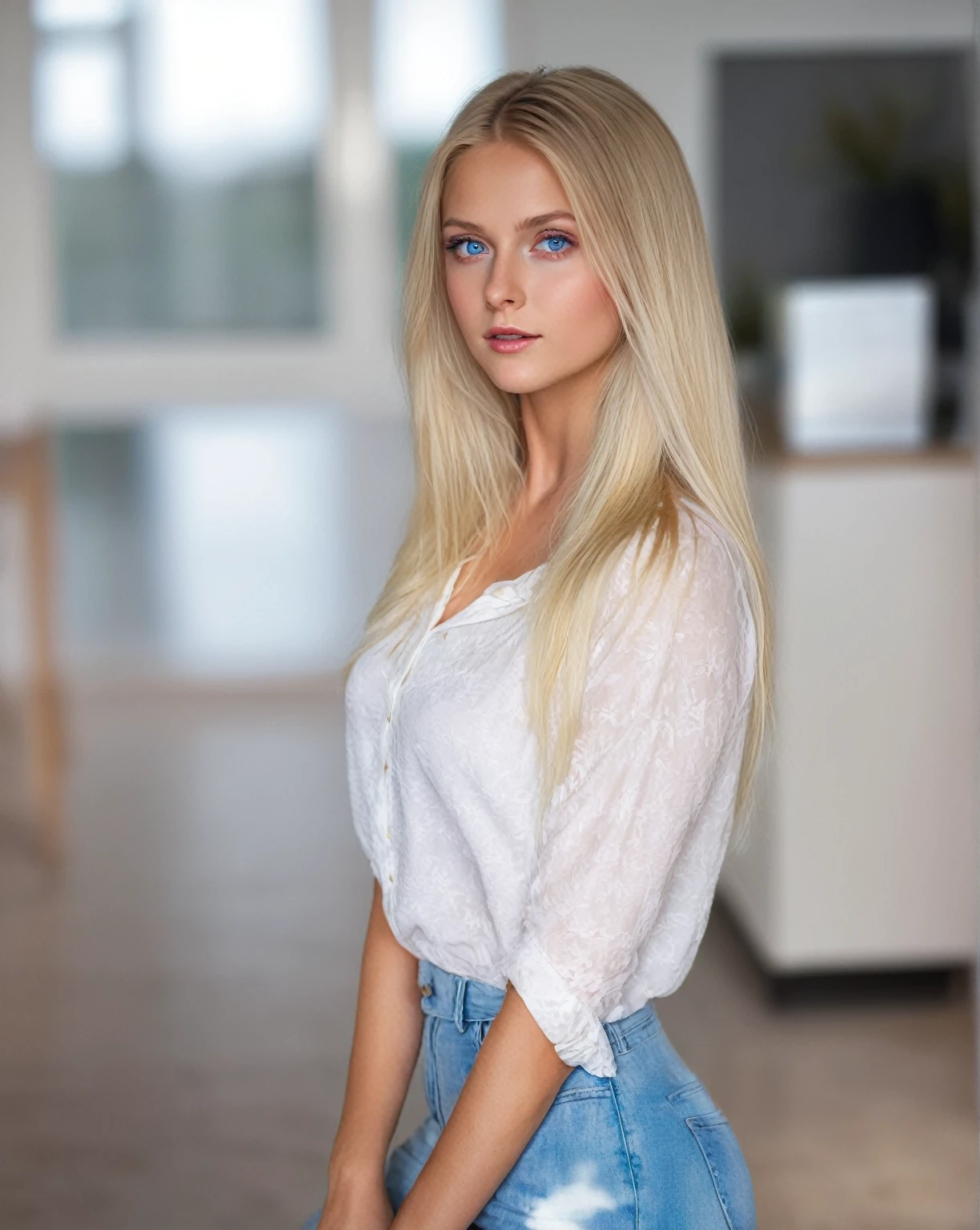 blonde woman with blue eyes and a white blouse posing for a photo., beautiful blonde girl, with long blonde hair, swedish blonde woman, cute young woman, a beautiful blonde, pose casual, Photo of a model, a complete portrait of the nordic woman, 2 4 year old female model, young blonde, Mia Kischner, long blonde hair and big eyes, blonde girl