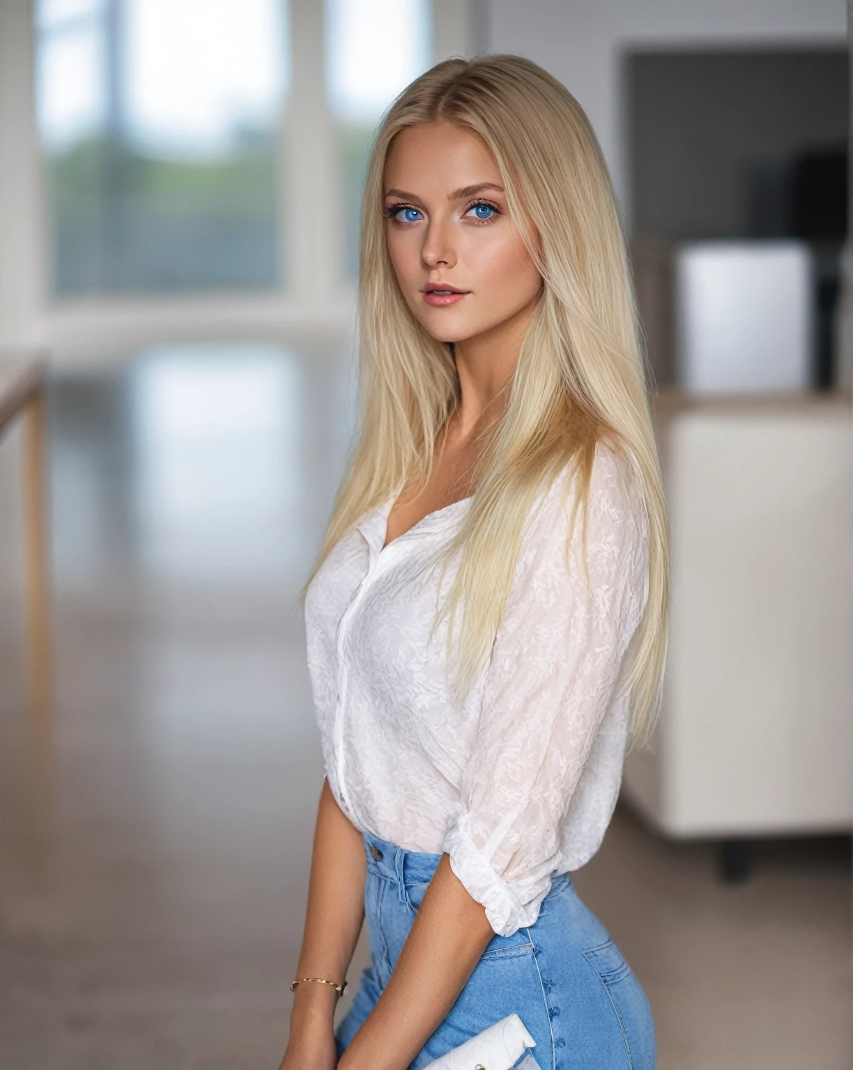 blonde woman with blue eyes and a white blouse posing for a photo., beautiful blonde girl, with long blonde hair, swedish blonde woman, cute young woman, a beautiful blonde, pose casual, Photo of a model, a complete portrait of the nordic woman, 2 4 year old female model, young blonde, Mia Kischner, long blonde hair and big eyes, blonde girl