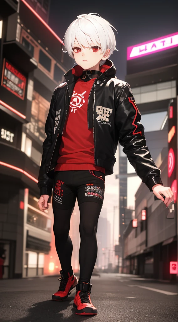 Boy demon,((Shota, young), cyberpunk clothes, white hair, red eyes