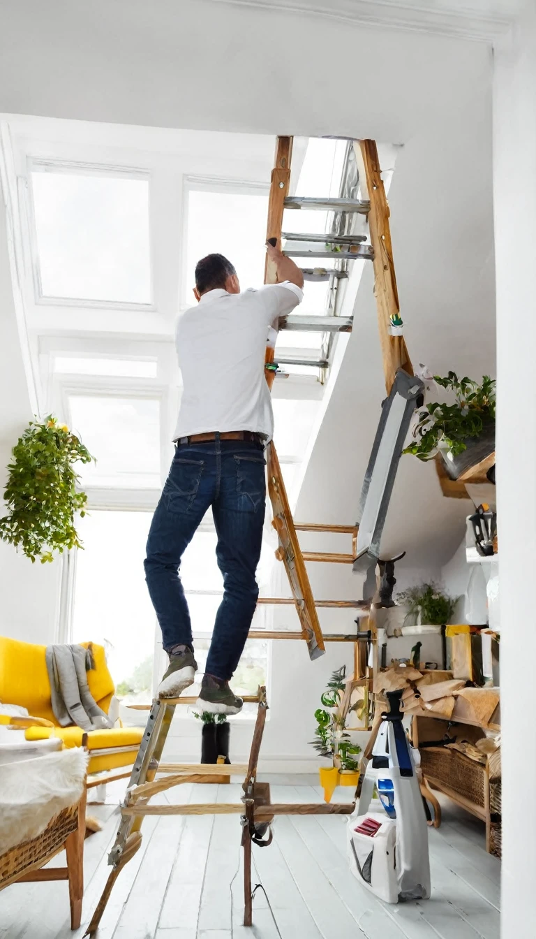 Man on a ladder, changing the light bulb in your house