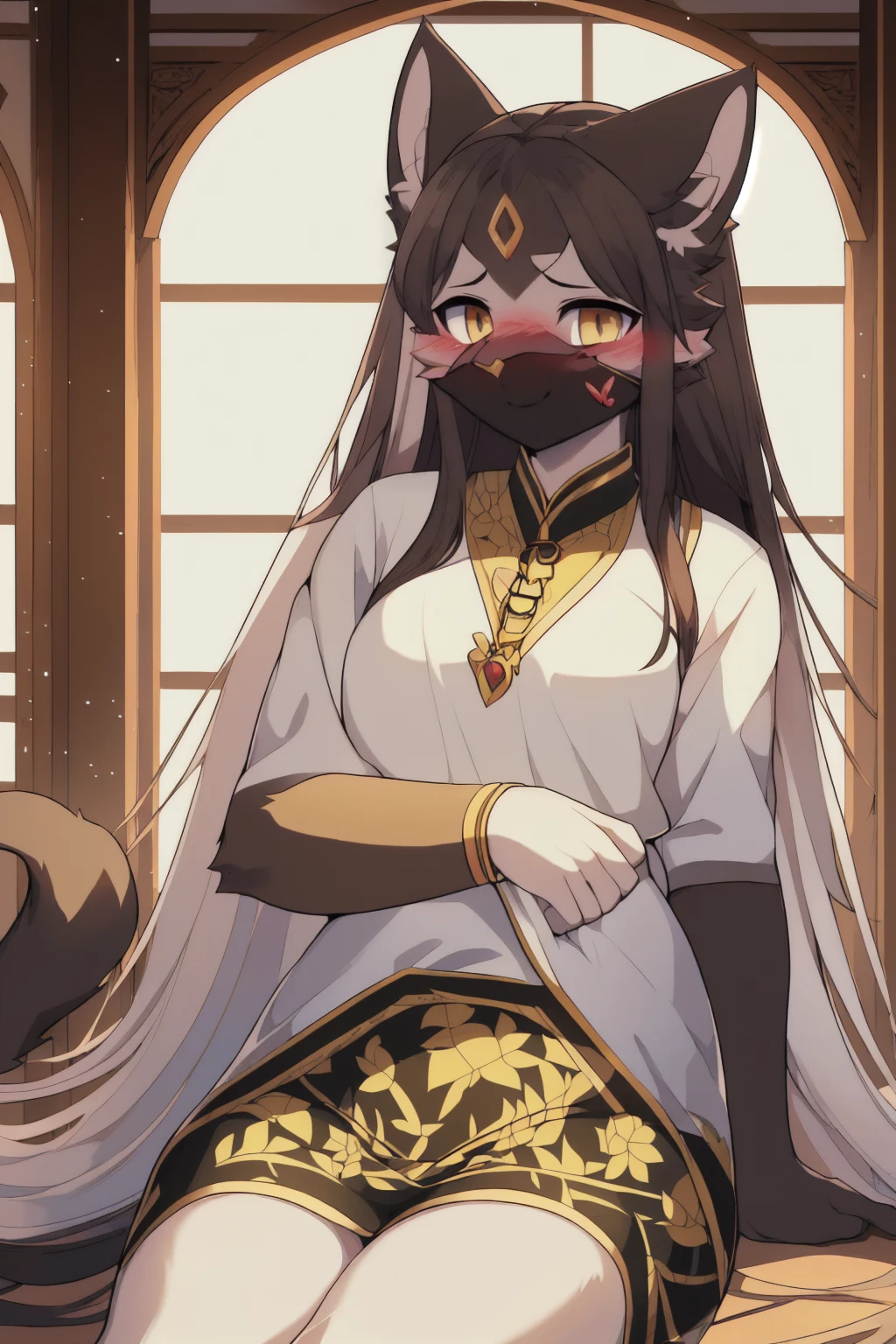 women, light brown hair twin tails, black and orange robe revealing huge breasts, 17 years, Fox tail, fox ears, sitting on massage table, Photo studio, White background, In the background a golden Buddha statue