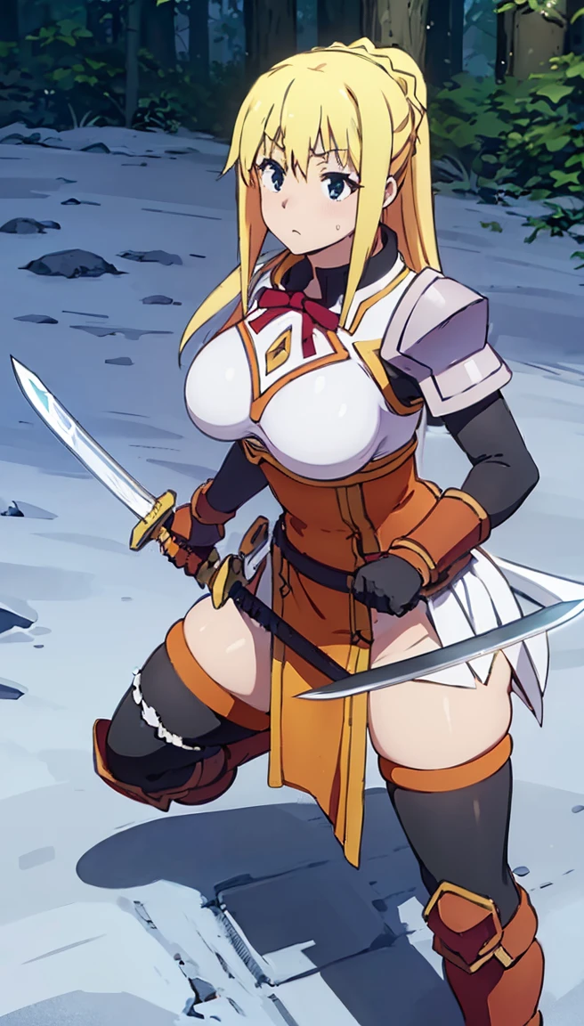 Darkness \(KONOSUBA\), Darkness from KONOSUBA, ((((wearing no armor Darkness)))), ((big breasts, big ass, wide hips, thick thighs)), anime style, super detailed, (((((holding hilt of sword with both hands, single knee on the ground, sword stuck in ground in front of character))))), (hot breath, extremely snow covered forest background,), SFW, blond hair,