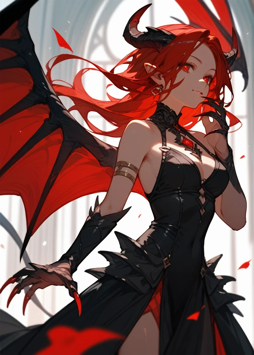 (score_9,score_8_up,score_7_up),1girl,girl demon,red hair,red eyes,wings,claws,black dress,beautiful_face,