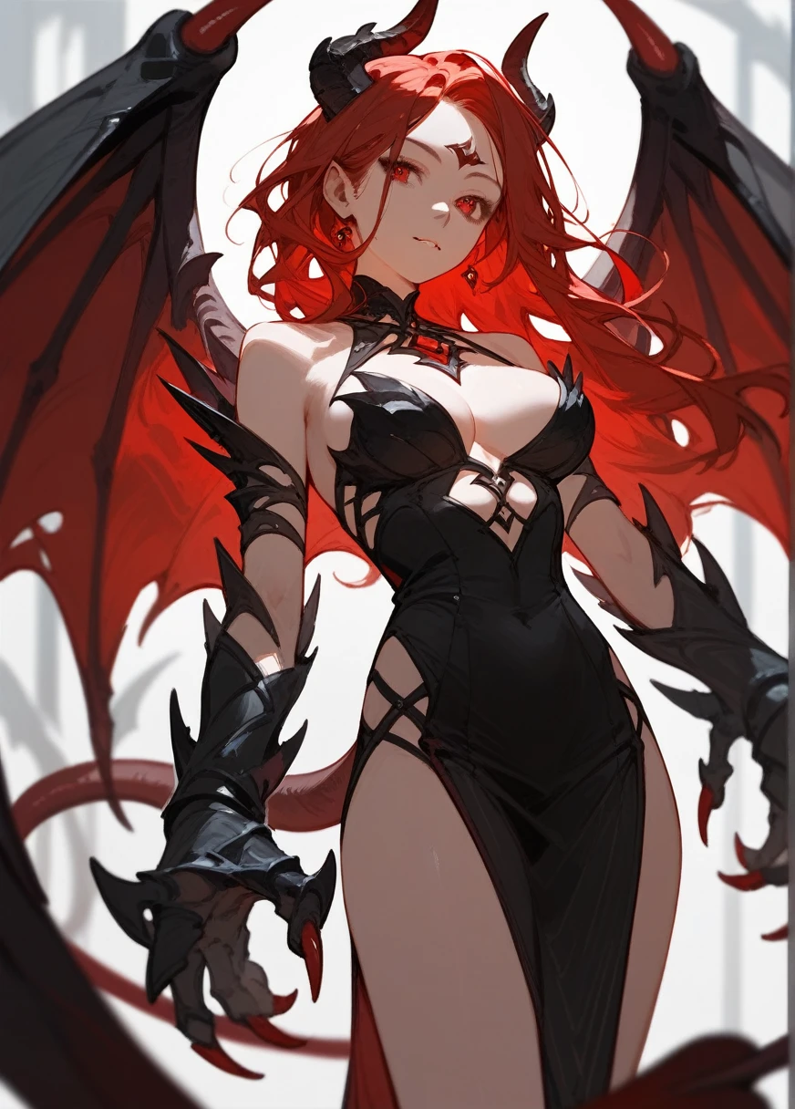 Demoness with long red hair, wearing crown, queen of nature, has demon wings, league of legends art style, soft looking, shot from the waist up, wearing leather outfit