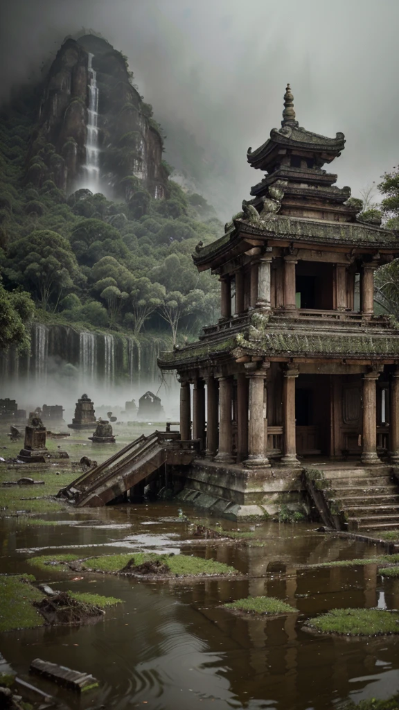 Create a dramatic scene of an ancient temple complex in a dense, foggy forest being overwhelmed by a severe flood. The view should be from a high, almost aerial perspective, capturing the entirety of the devastation. Traditional temple buildings with sloping roofs and intricate designs are partially submerged, with turbulent, muddy water rushing through the complex. Tall palm trees and thick forest vegetation surround the area, adding to the sense of isolation. The atmosphere is chaotic and intense, with a misty, greenish-gray color palette that conveys a sense of foreboding. The floodwaters should appear forceful and destructive, emphasizing the severity of the natural disaster impacting this serene yet vulnerable temple setting.