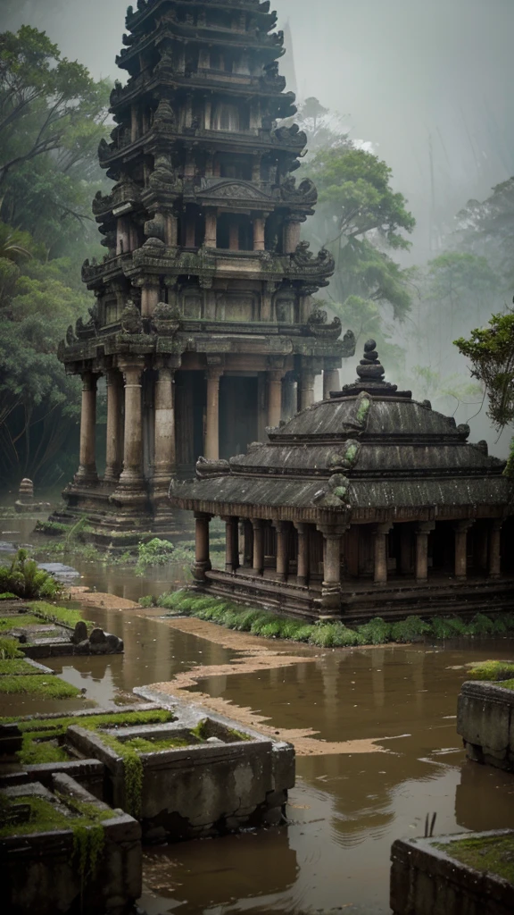 Create a dramatic scene of an ancient temple complex in a dense, foggy forest being overwhelmed by a severe flood. The view should be from a high, almost aerial perspective, capturing the entirety of the devastation. Traditional temple buildings with sloping roofs and intricate designs are partially submerged, with turbulent, muddy water rushing through the complex. Tall palm trees and thick forest vegetation surround the area, adding to the sense of isolation. The atmosphere is chaotic and intense, with a misty, greenish-gray color palette that conveys a sense of foreboding. The floodwaters should appear forceful and destructive, emphasizing the severity of the natural disaster impacting this serene yet vulnerable temple setting.