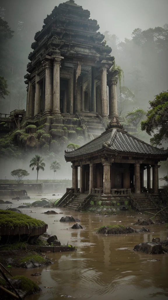 Create a dramatic scene of an ancient temple complex in a dense, foggy forest being overwhelmed by a severe flood. The view should be from a high, almost aerial perspective, capturing the entirety of the devastation. Traditional temple buildings with sloping roofs and intricate designs are partially submerged, with turbulent, muddy water rushing through the complex. Tall palm trees and thick forest vegetation surround the area, adding to the sense of isolation. The atmosphere is chaotic and intense, with a misty, greenish-gray color palette that conveys a sense of foreboding. The floodwaters should appear forceful and destructive, emphasizing the severity of the natural disaster impacting this serene yet vulnerable temple setting.