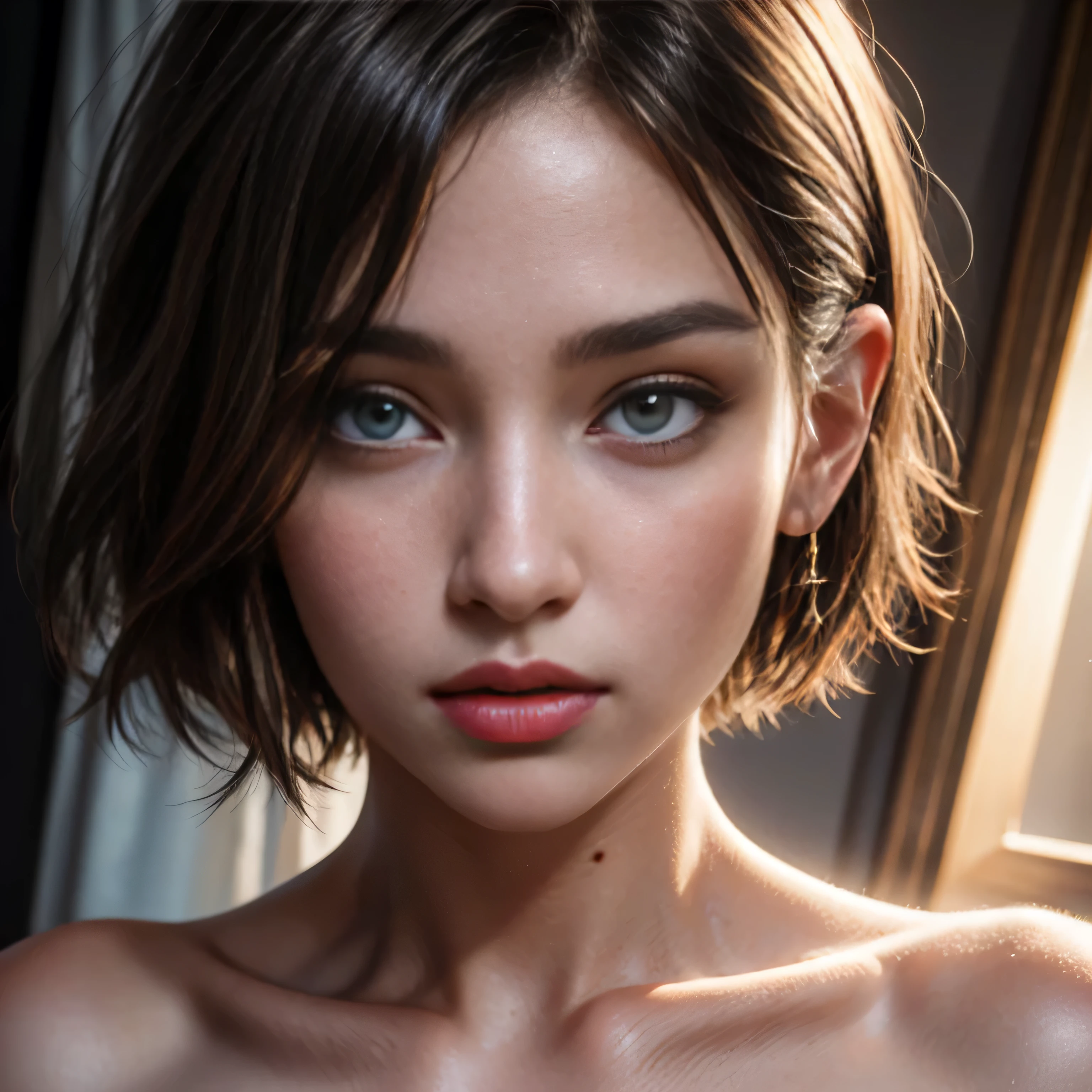 (best quality, 4k, Masterpiece, ultra detailed, hyperrealism, RAW quality), ((The face of the most beautiful young girl)), the most beautiful face ever created, gray-eyed princess, seductive look, ultra-detailed pupil, captivating, clean, perfect, short bob cut, ash hair, red lips, captivating, staring at the viewer,