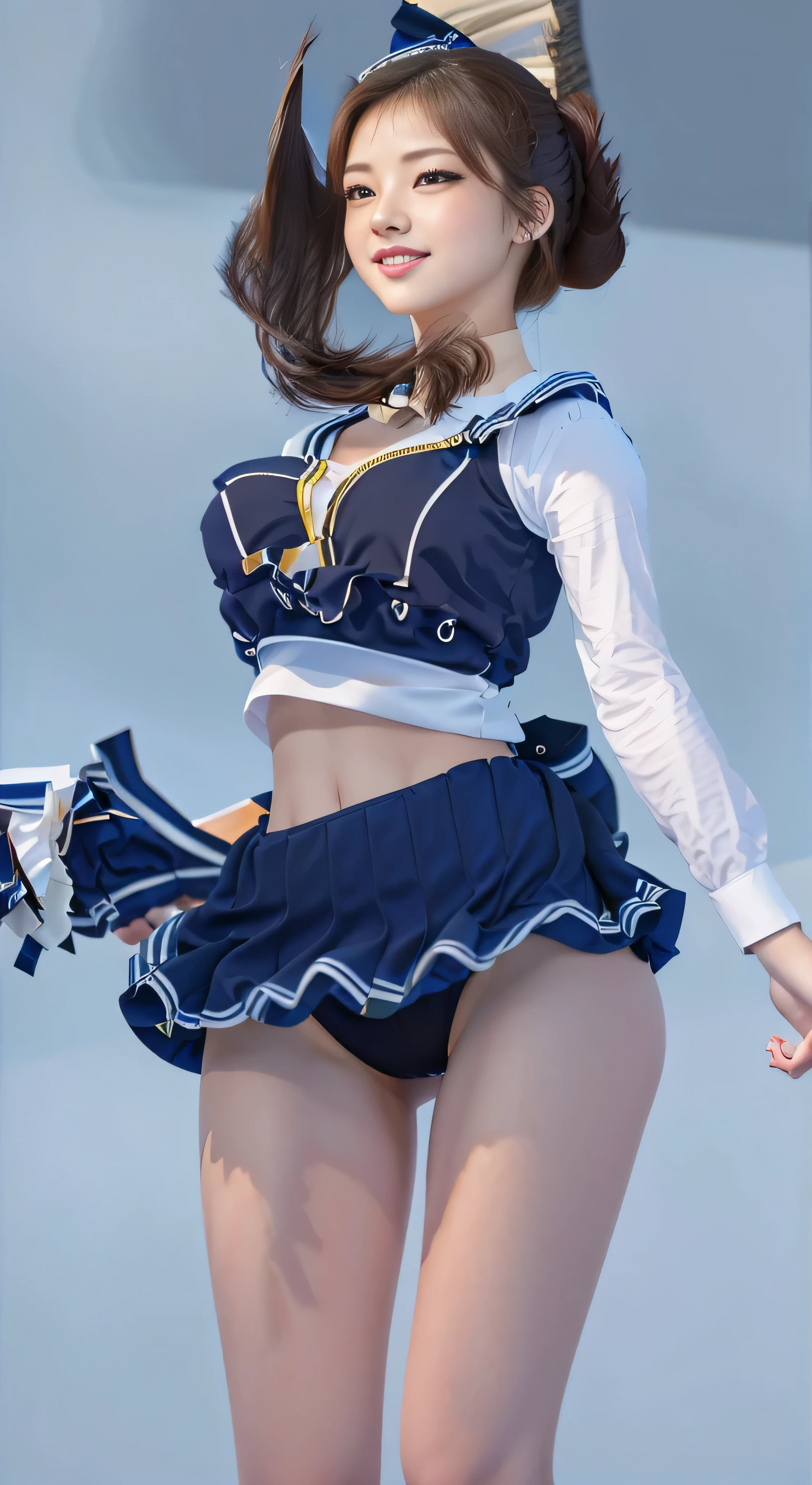Highest quality, 8K, masterpiece :1.3)), whole body, Sharp focus :1.2, Beautiful woman with perfect figure :1.4, Slim Abs :1.2, ((Dark brown hair, Big Breasts :1.2)), whole bodyショット),(RAW shooting:1.2)、(realism:1.4)、(masterpiece:1.3)、(Highest quality:1.4)、The Beauty of Japan、Black Hair,Beautiful and eye-catching details、Beautiful eyelashes and double eyelids、eye shadow、Perfect Eye Makeup、alone、cute、(cute:1.2)、 smile full of happiness:1.4)、Smiling Kindly、show excitement、(ponytail:1.2)、(From the bottom perspective:1.3)、(mini skirt)、くThin legs、(Perfect Body Beauty:1.3)、Shiny skin、(Cheerleading and other energetic poses:1.5)、Looking into the camera,Narrow waist、Thin legs、Big Breasts、Photorealistic、Age 25、Cleavage、Glamour、sexy、Thighs、長いponytail、Korean Idol