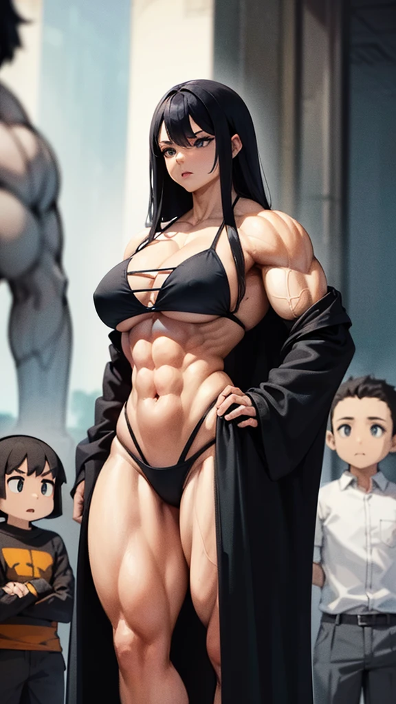 Woman in black bikini and small man in white shirt, weak and small man, thin and small physique, Very beauthful. , ,weak and defenseless man, small physique, , muscular ultraviolent woman, muscular and scary, absurdly huge physique, big muscles, extremely muscular woman,
