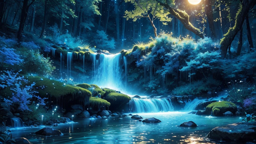 (High resolution, realistic, 4K, super detailed, masterpiece:1.2)a
forest stream with flowing water, twinkling stars in the night sky, the moon trembling on the water surface, floating jellyfish drifting in the current, delicate glowing aquamarine flowers blooming along the riverbank, a dreamlike blue world, dramatic lighting, Bright colors, enchanting beauty