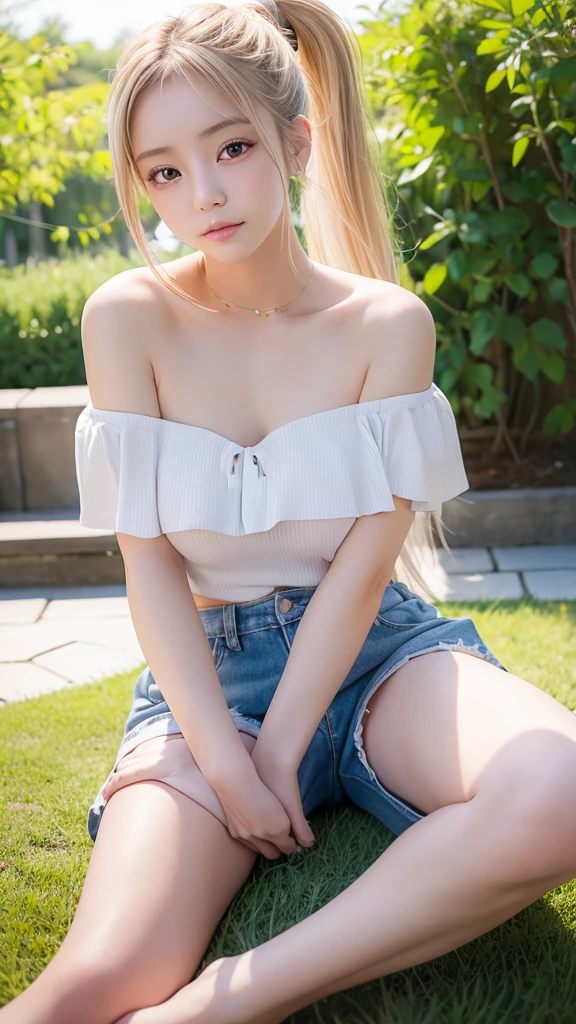 Highest quality、Highest quality、High resolution、8K、masterpiece、Young Japanese Woman、One Woman、Blonde、Blonde、ponytail、Slightly larger breasts、Blurred Background、Sexy Looks、Big eyes、garden、date、bevel、Shorts、Daytime、sunlight、Off-the-shoulder tops、Sexy pose、Leg spread