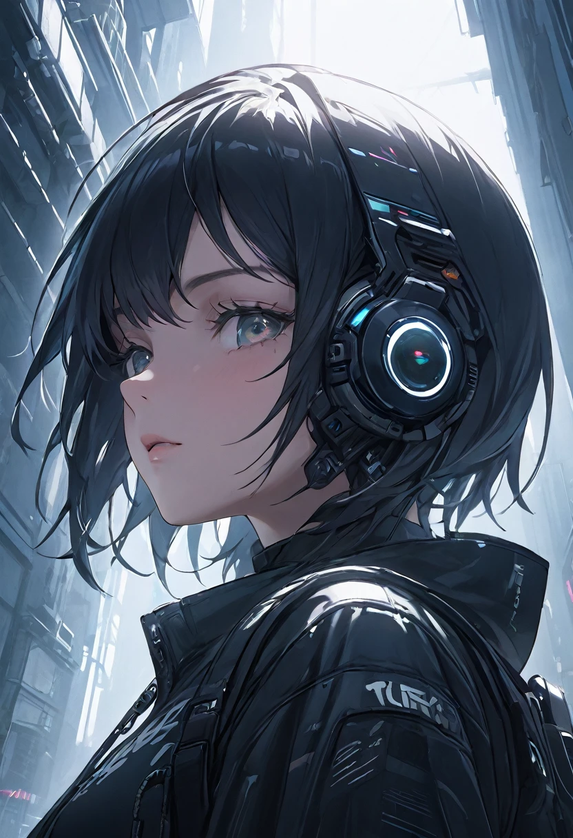 Turn your head and look up think , black color cyberpunk costume, masterpiece , sunshine , morning , badass , best quality, expressive eyes, perfect face , white girl
