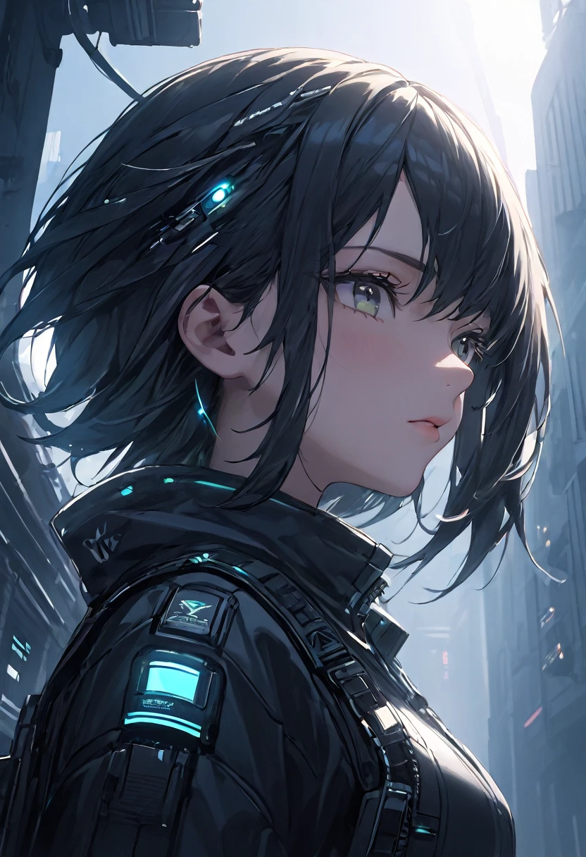 Turn your head and look up think , black color cyberpunk costume, masterpiece , sunshine , morning , badass , best quality, expressive eyes, perfect face , white girl