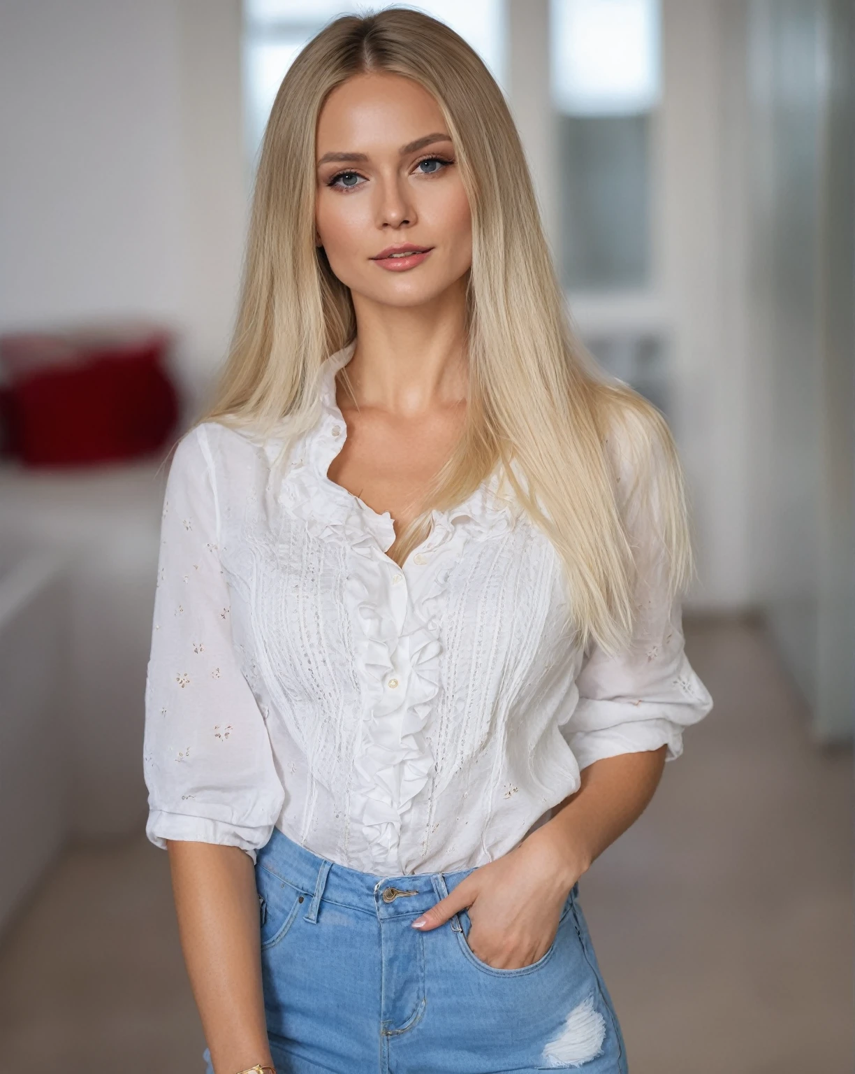 blond woman with long hair wearing a A white blouse and jeans, with long blonde hair, wearing a blouse, A white blouse, swedish blonde woman, wearing a cute top, Mia Kischner, White shirt and jeans, white cap, ruffled suit, wearing shirt, dressed in white shirt, inspired by Károly Lotz, Magdalena more often