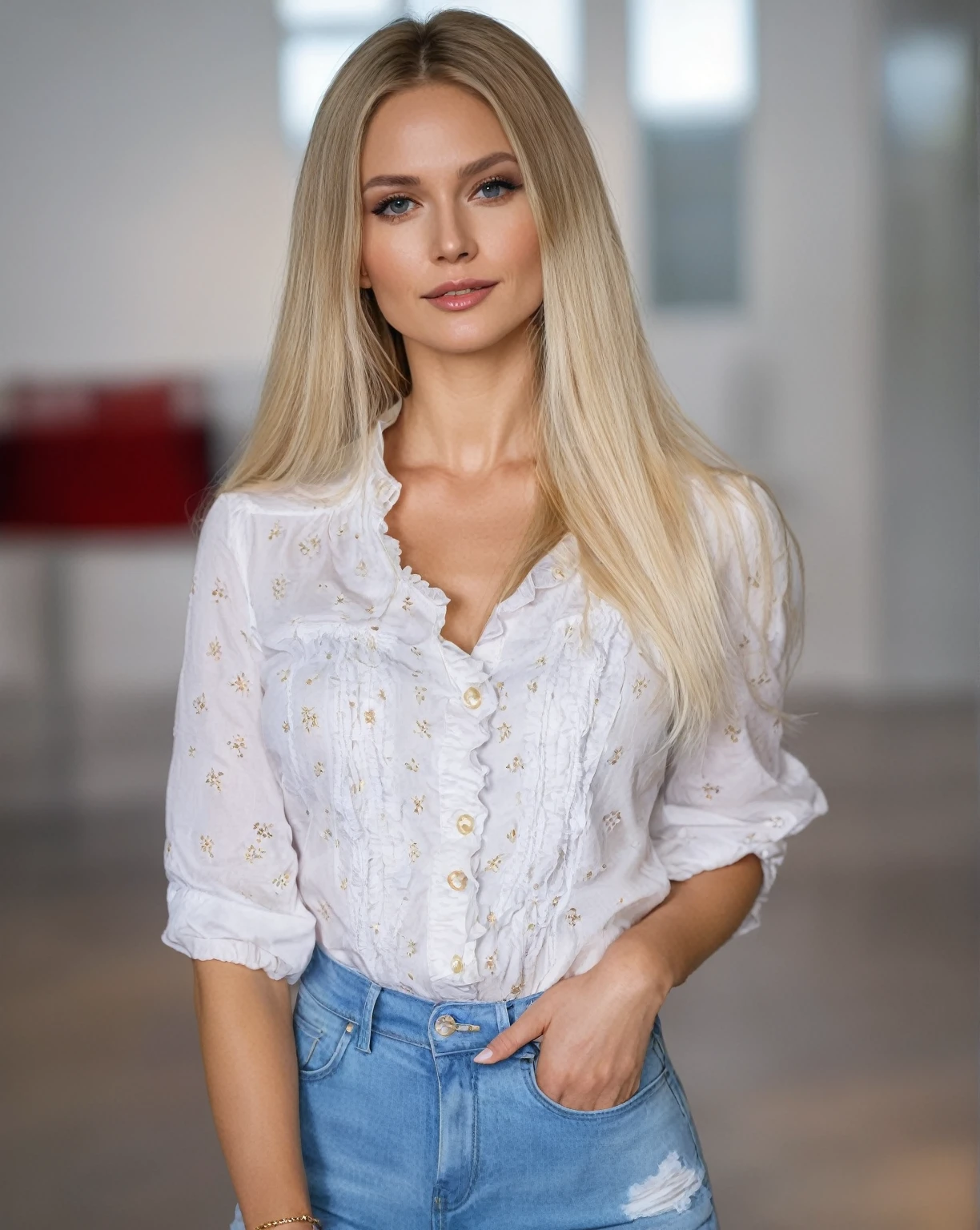 blond woman with long hair wearing a A white blouse and jeans, with long blonde hair, wearing a blouse, A white blouse, swedish blonde woman, wearing a cute top, Mia Kischner, White shirt and jeans, white cap, ruffled suit, wearing shirt, dressed in white shirt, inspired by Károly Lotz, Magdalena more often