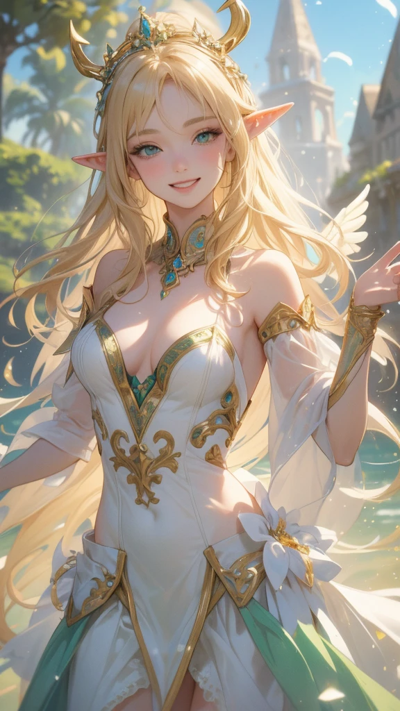 work of art, epic details, ultra detaild, best resolution, blonde, (BEAUTIFUL ELF), crown with crystals ((rosto angelical)), sculptural body, clothes made with green leaves, ((perfect hands))), ((expression of happiness)), (Grinning), great smile, Simple smile, scenario:Mediovale, Tavern, fancy