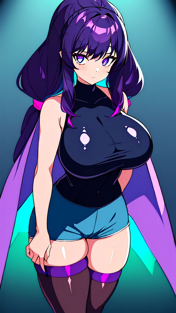 1girl, plus size, dark purple hair (long) (pigtails) (dark blue tips), lightly tan skin color, light blue eyes (glowing), wearing sleeveless turtleneck (blue), shorts ( black), stockings (long) (purple), cape (purple), purple smoke around body (glowing), absurdres, high res, ultra sharp, 8k, masterpiece, looking at viewer