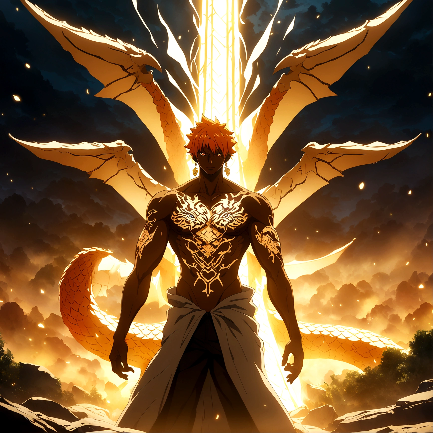 Man, brown skin, muscular body, orange hair with blue gradient, orange eye, dragon tattoos on the body, dragon-shaped earring, open robe with dragons drawn on it, arrogant expression, arrogant look, "One Piece-inspired features, full of dramatic and incredible lighting, dramatic lighting, infused with creative details, ultra-fine 2D design, scenery bathed in creativity, bathed in creativity, boasting HD anime resolution clarity, HD anime graphics, high-octane rendering"