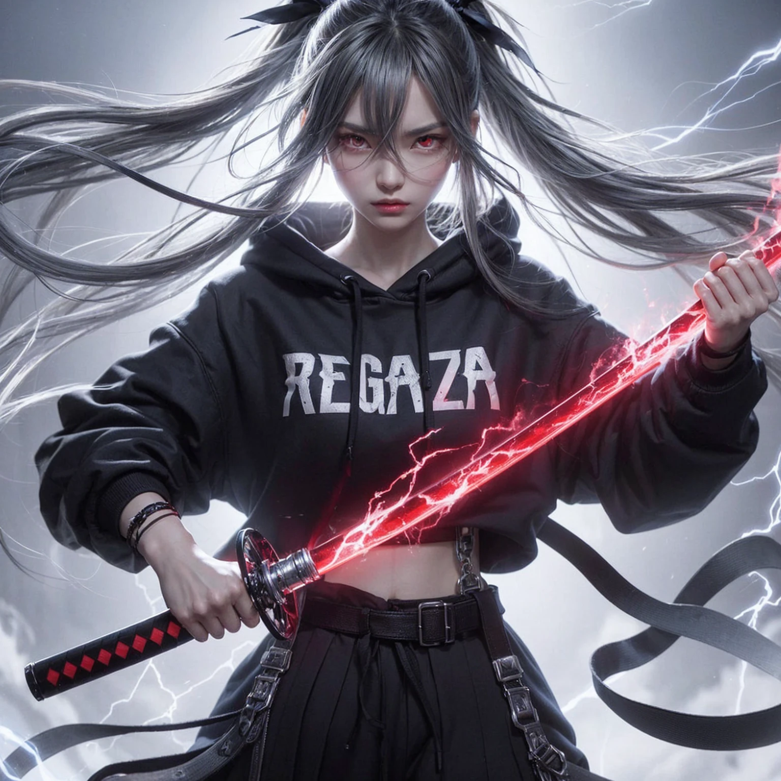 A beautiful Korean woman appears as metallic white smoke in HD quality. She has Mangekyo Sharingan eyes and long black hair with gray streaks, tied into two ponytails. She wears a black hoodie with "Regaza" written on it, and black pants. Floating with an angry expression, she holds glowing red katanas in both hands. The background is a bold gray room with blue lightning flashes. Detailed, UHD, realistic, 8K quality.