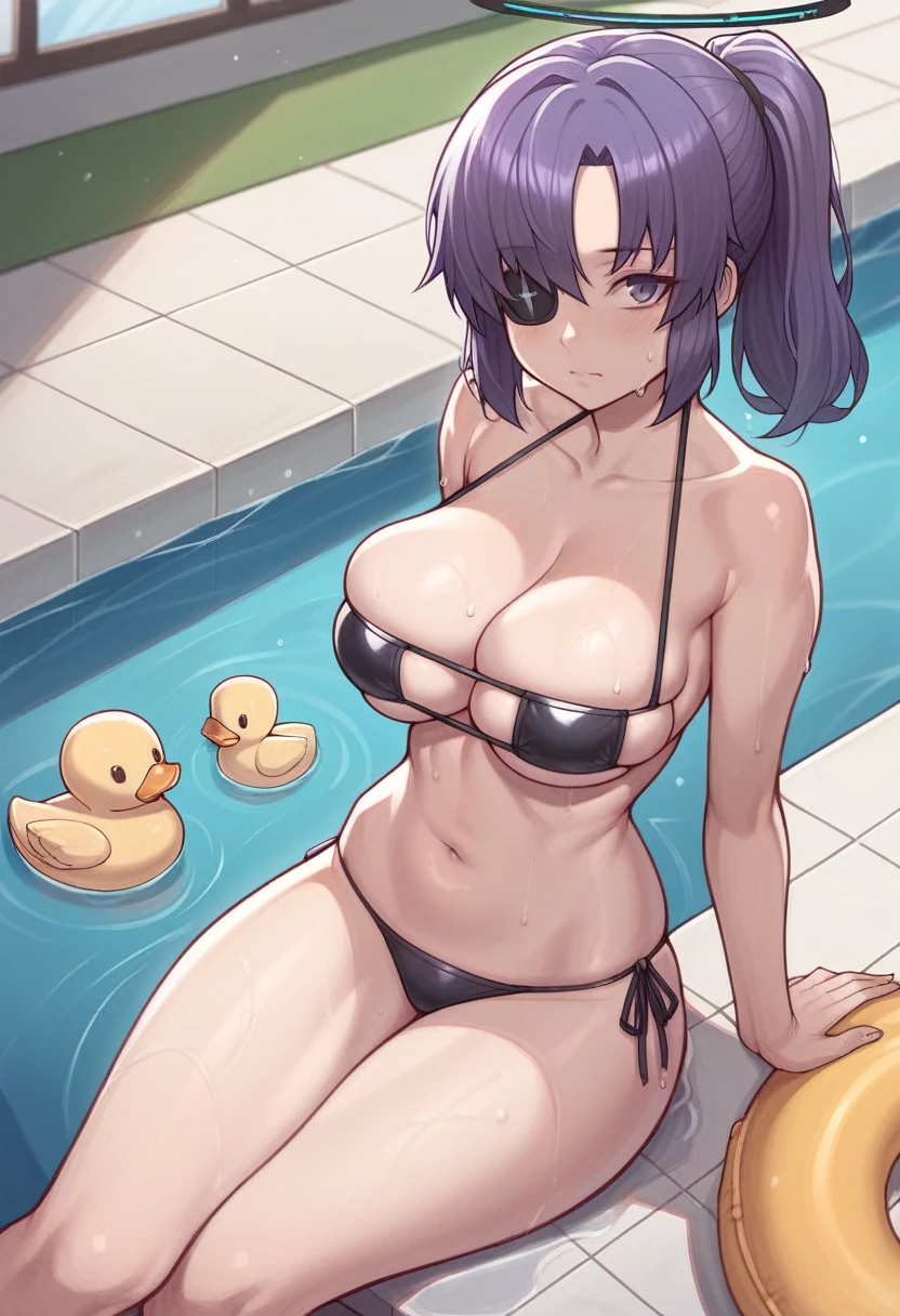 Asura style, breasts, yuuka_(blue_archive), swimsuit, bikini, rubber_duck, multiple_girls, 2girls, cleavage, looking_at_viewer, long_hair, navel, eyepatch_bikini, large_breasts, purple_hair, sitting, halo, two_side_up, blush, thighs, white_bikini, wet, solo_focus, bangs, water, pool, side-tie_bikini_bottom, arm_support, blue_eyes, closed_mouth, stomach, bare_shoulders, poolside, soaking_feet, innertube, hair_between_eyes, water_gun, purple_eyes, dark_skin, collarbone, from_above, skindentation, bare_arms, sidelocks