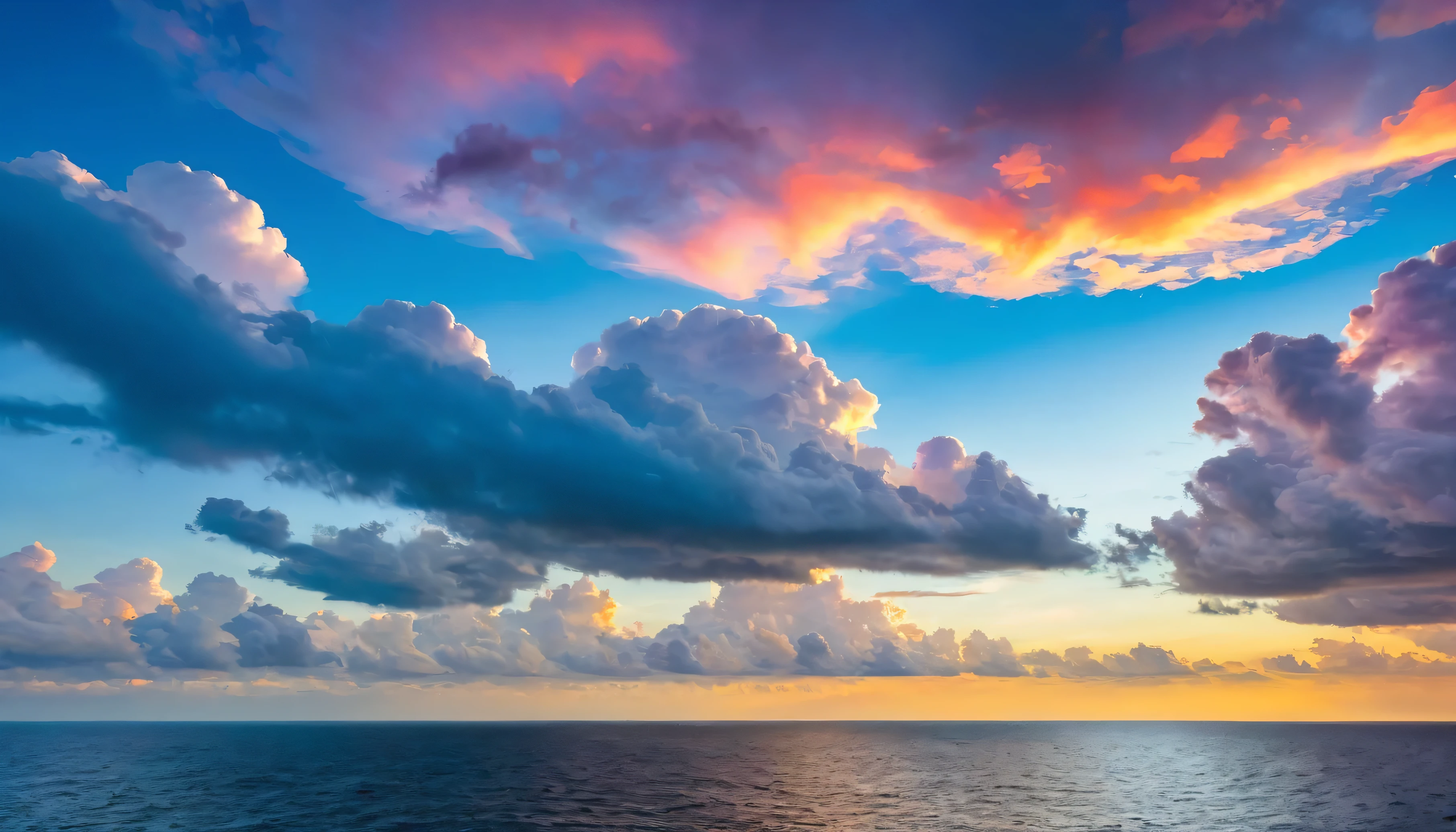 view of the sky in the afternoon, colorful clouds, above the surface of the open sea