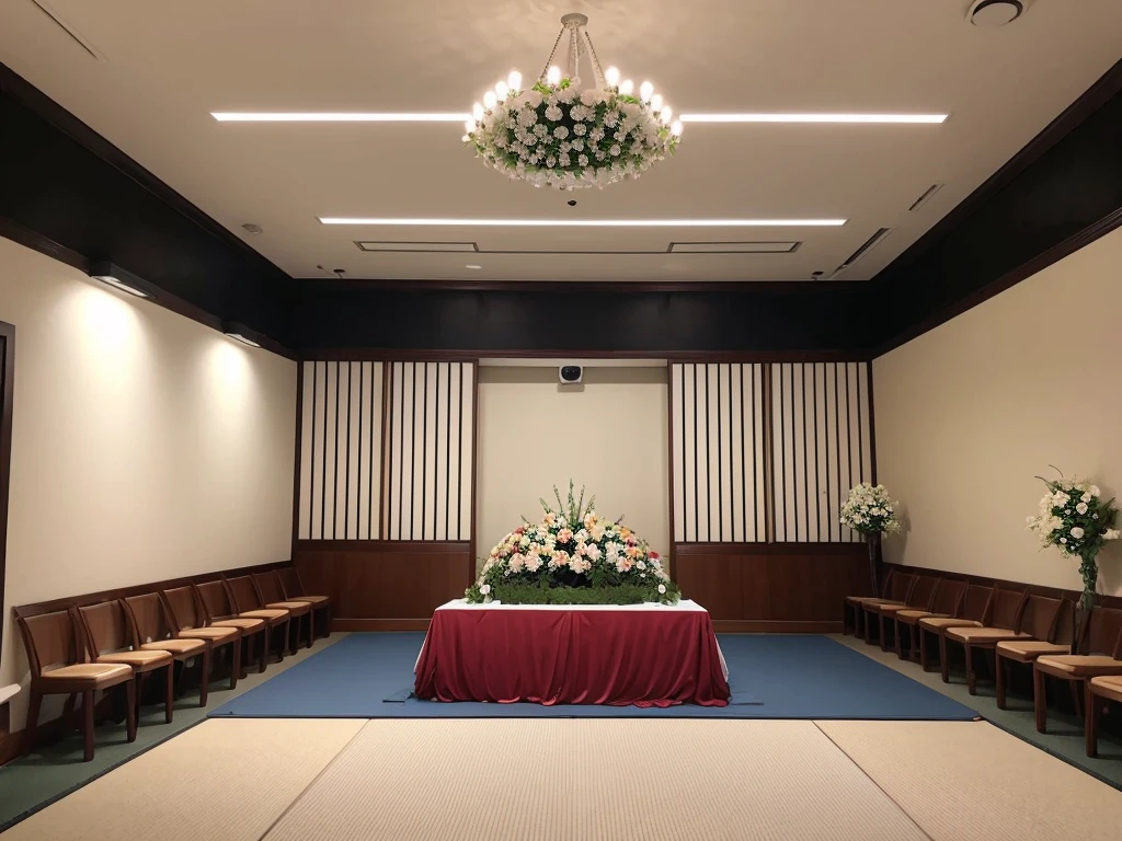 A typical funeral hall in Japan, White wall, curtain,The screen in the center, Symmetrical, Hinomaru composition, Flowers, The room has a table and flowers, Funeral, 