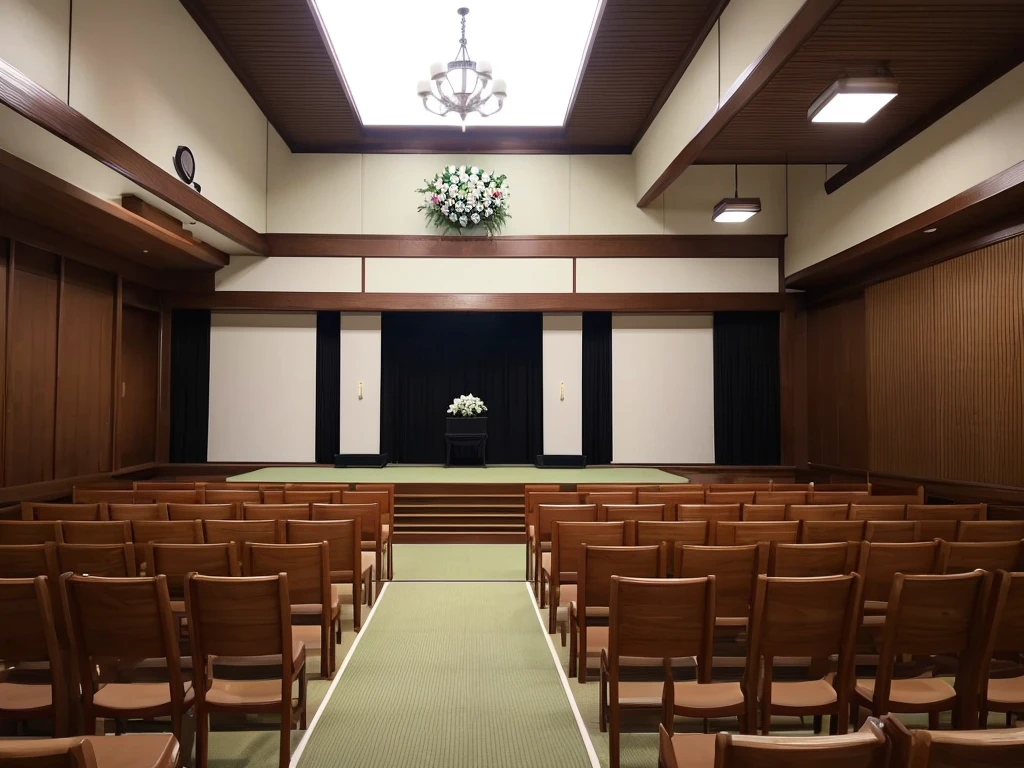 A typical funeral hall in Japan, White wall, curtain,The screen in the center, Symmetrical, Hinomaru composition, Flowers, The room has a table and flowers, Funeral, 