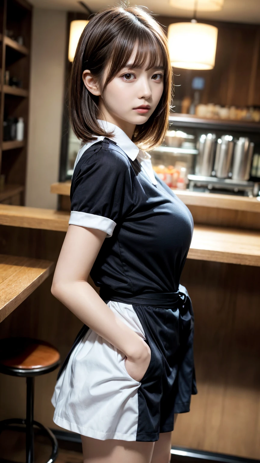 masterpiece, best quality, illustration, Super detailed, fine details, High resolution, 8K,wall paper, perfect dynamic composition,(Details High quality, realistic depiction of eyes:1.3), from side, standing,waitress uniform, restaurant, huge breasts, short bob hair、black hair color, Big Natural Color Lip, (perfect body shape), crying a little、cold gaze, Harajuku style、20 year old girl、cute type、lolita、beautiful legs, focus on crotch, full body photo, gravure idol